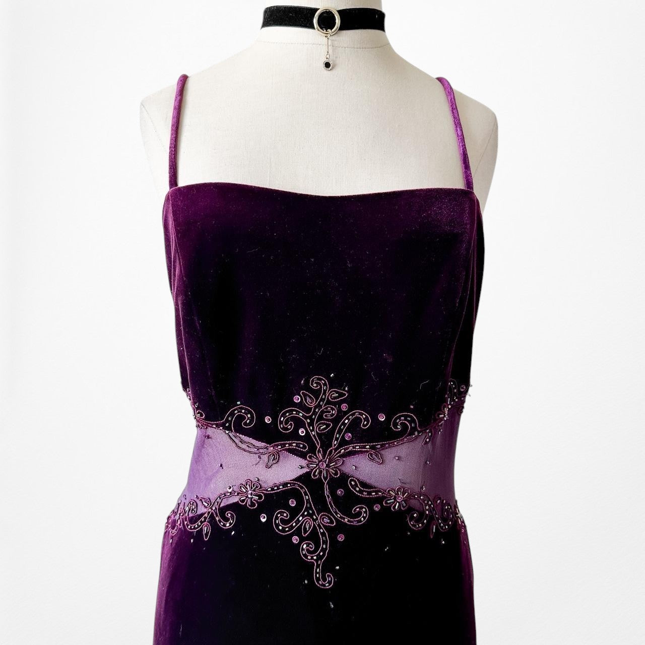 Vintage Purple Velvet Cutout Mesh Beaded Maxi Bodycon Prom Dress Size L