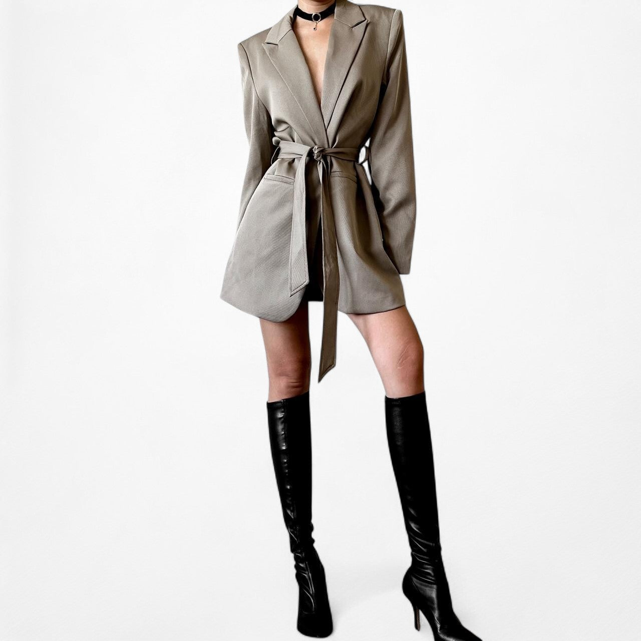 Nakd Brown Shoulder Padded Waist Tie Long Oversized Blazer Suit Jacket Size S/M