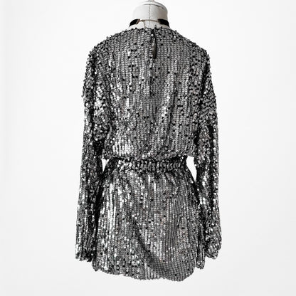 Zara Long Sleeve Waist Tie Sequin Gray Silver Mini Tunic Shift Dress Size XS