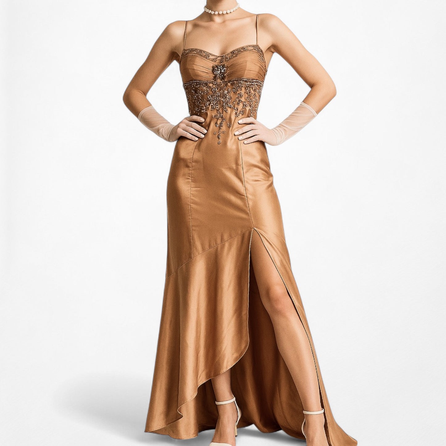 Vintage Brown Silk Beaded Flared Side Slit High Low Maxi Prom Dress Size S/M