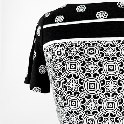 Loft Black White Printed Short Sleeve Knit Fit Flared Knee Length Dress Size M