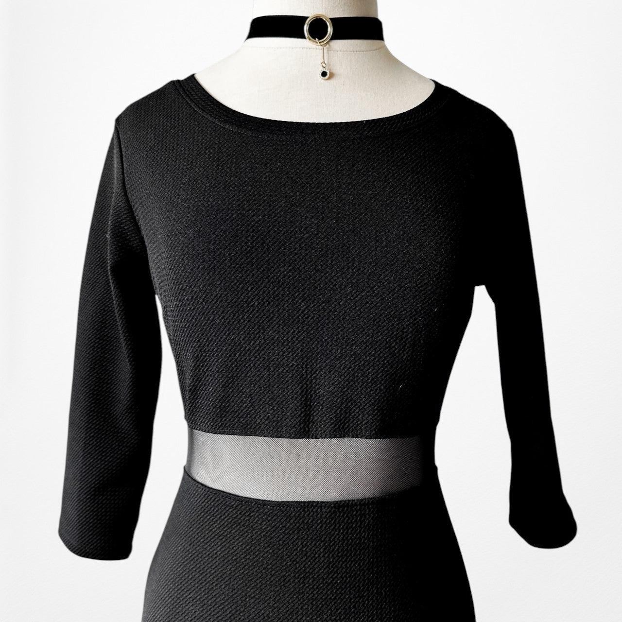 Vintage Y2K Black Mesh Cutout 3/4 Sleeve Knit Bodycon Mini Dress Size M