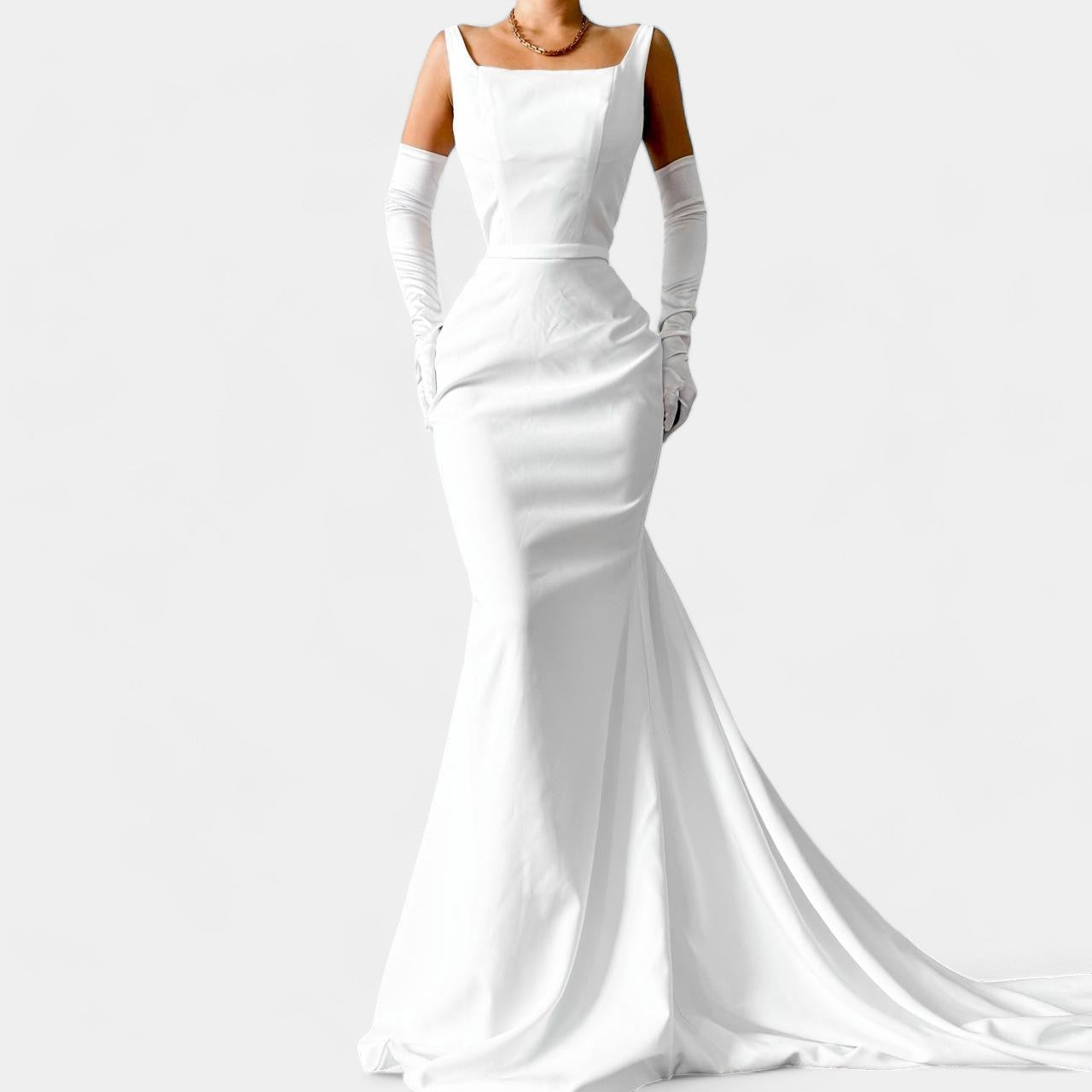 White Fit Flared Fishtail Bodycon Maxi Wedding Prom Dress With Train Size M