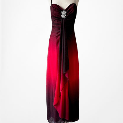 Vintage Burgundy Red Glitter Rhinestone Knit Ruffle Maxi Prom Dress Size M