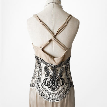 Vintage Ivory Beige Silk Beaded Bodycon Side Slit Maxi Prom Dress Size S/M