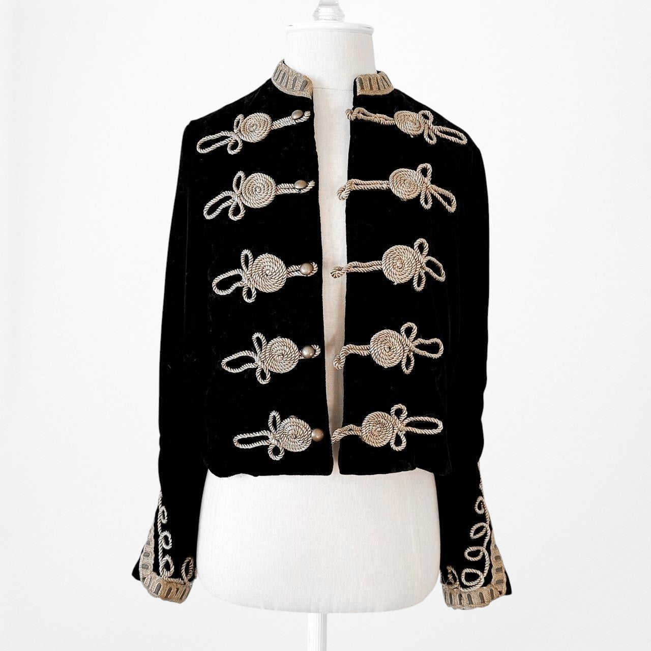 Zara Black Velvet Gold Embroidered Military Style Cropped Blazer Jacket Size XS