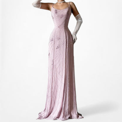 Pastel Pink Silk Beaded Fit Flared Maxi Formal Prom Dress Size M