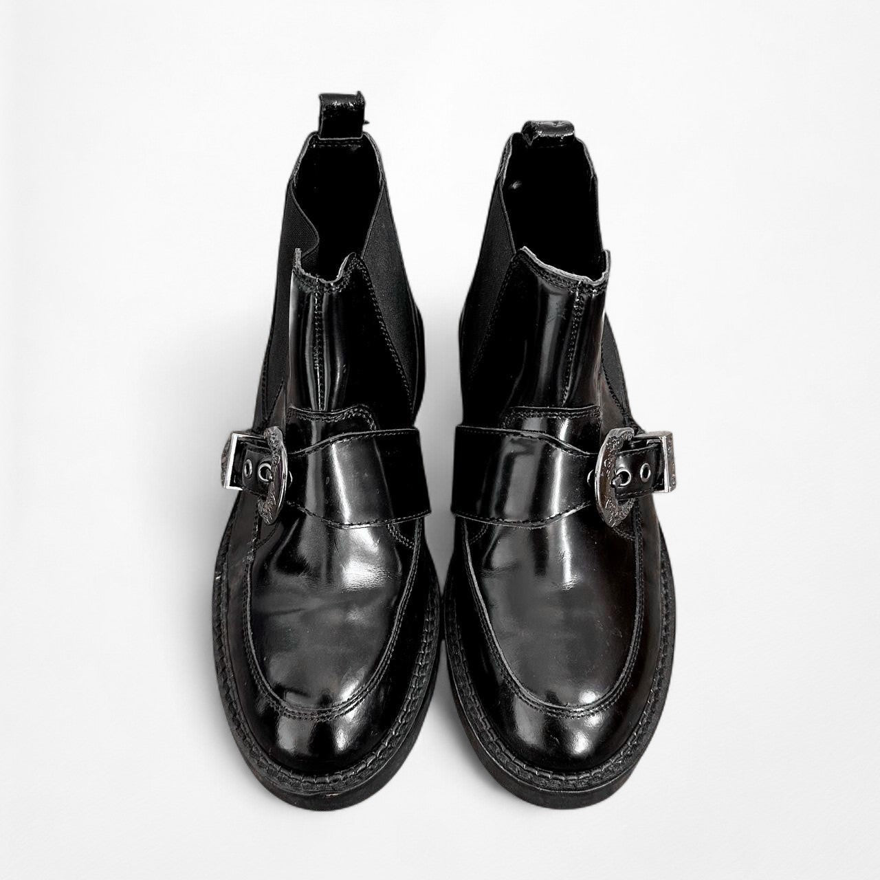 Black Patent Faux Leather Western Buckled Round Toe Ankle Boots Size 6