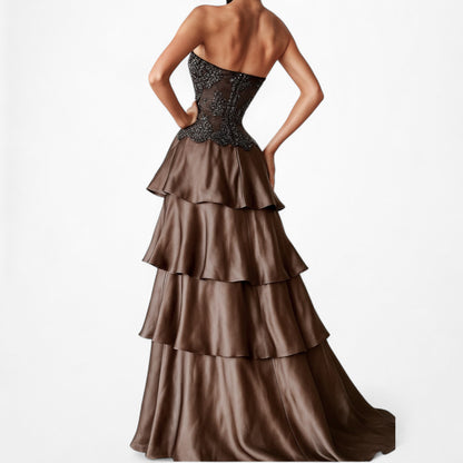 Vintage Brown Silk Strapless Beaded Mesh Ruffle Flared Prom Dress Size M