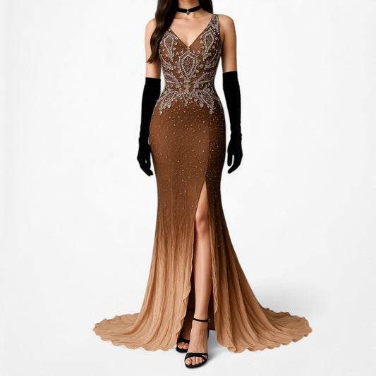 Vintage Brown Beaded Ombre Ruffle Formal Maxi Prom Dress Size S