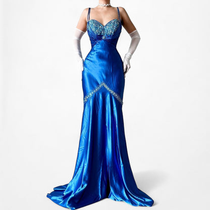 Vintage Blue Satin Fit Flared Beaded Maxi Prom Dress Size S/M