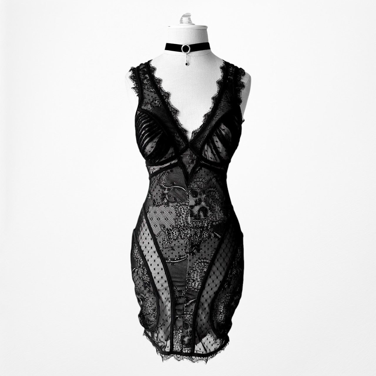 Black Lace Mesh Bodycon Corset Bustier Style Mini Dress Size XS/S