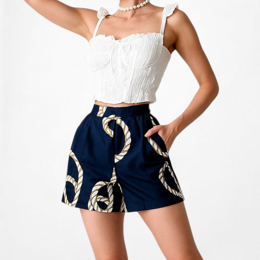 Zara Navy Blue High Waisted Nautical Print Pleated Detail Summer Shorts Size XS