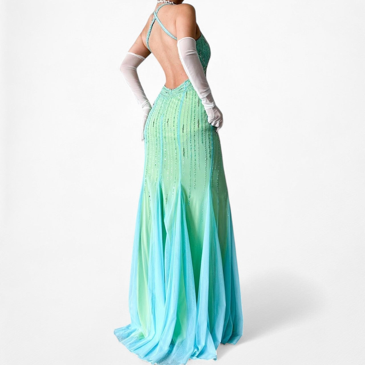 Vintage Blue Green Fit Flared Beaded Halter Mesh Maxi Prom Dress Size S