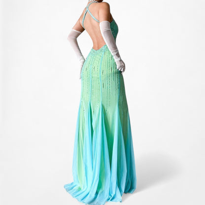 Vintage Blue Green Fit Flared Beaded Halter Mesh Maxi Prom Dress Size S