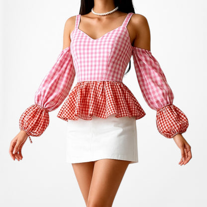Pink Red Cold Shoulder Plaid Checkered Long Puffy Sleeve Peplum Top Size XS