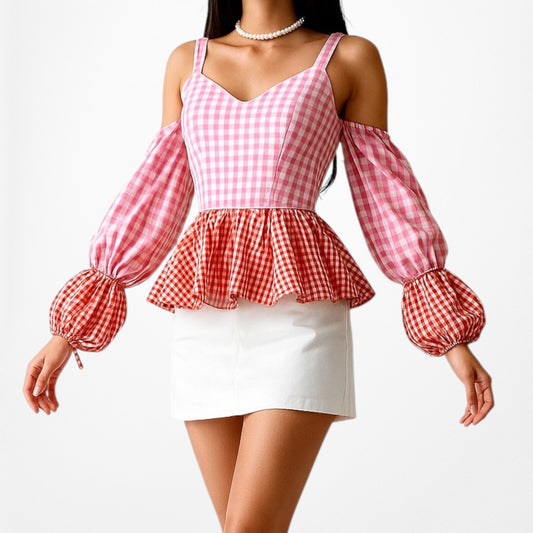 Pink Red Cold Shoulder Plaid Checkered Long Puffy Sleeve Peplum Top Size XS