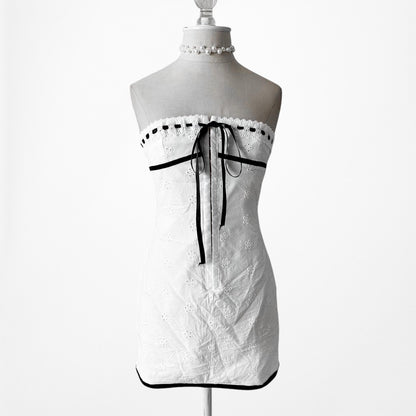 White Floral Embroidered Strapless Bow Tie Mini Bodycon Dress Size S