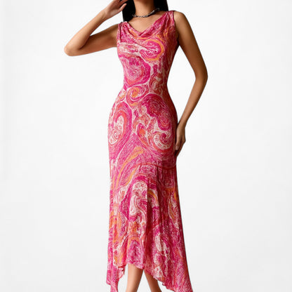 Vintage Pink Paisley Print Silk Sleeveless Beaded Ruffle Midi Cocktail Dress Size S/M