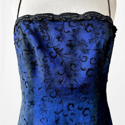 Vintage Black Blue Velvet Mesh Glitter Fit Flared Maxi Prom Dress Size M