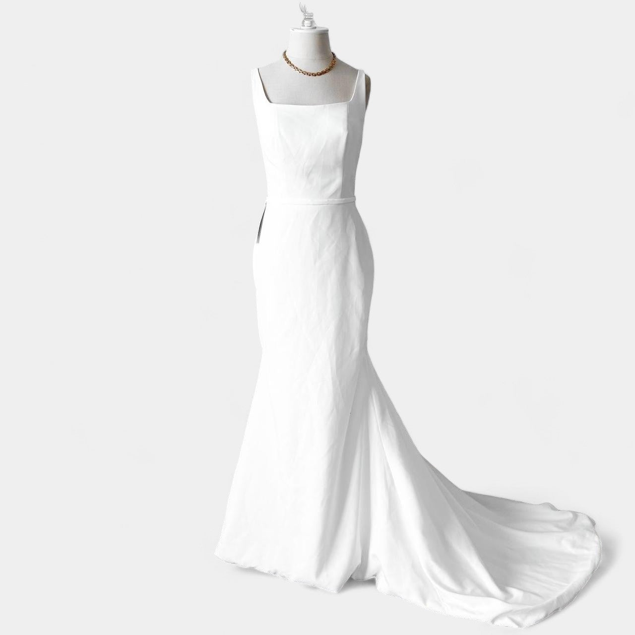 White Fit Flared Fishtail Bodycon Maxi Wedding Prom Dress With Train Size M