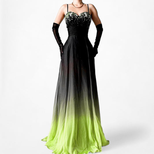 Vintage Black Green Beaded Flowy Satin Mesh Fit Flared Maxi Formal Prom Dress Size XS/S