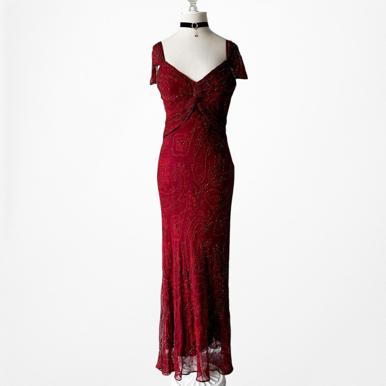 Vintage Red Beaded Fit Flared Silk Bodycon Maxi Prom Scarf Dress Size S/M