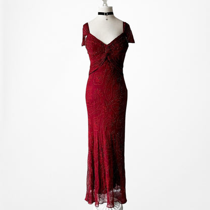 Vintage Red Beaded Fit Flared Silk Bodycon Maxi Prom Scarf Dress Size S/M