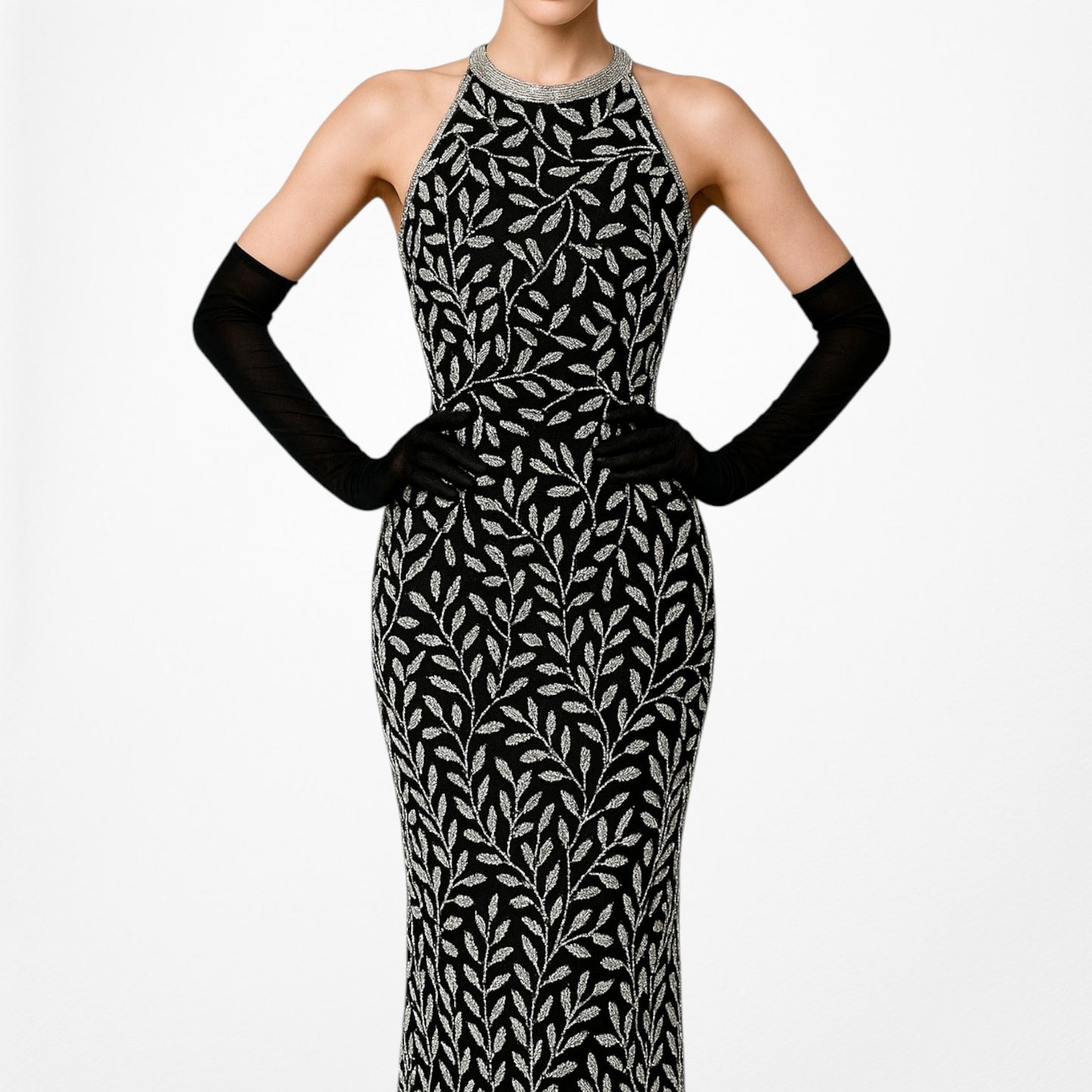 Vintage Black White Silk Floral Beaded Maxi Bodycon Formal Cocktail Dress M