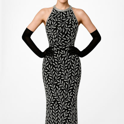 Vintage Black White Silk Floral Beaded Maxi Bodycon Formal Cocktail Dress M