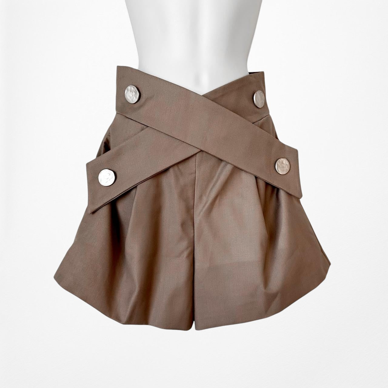 Brown Button Front Criss-Cross Flared High Waisted Shorts Size S