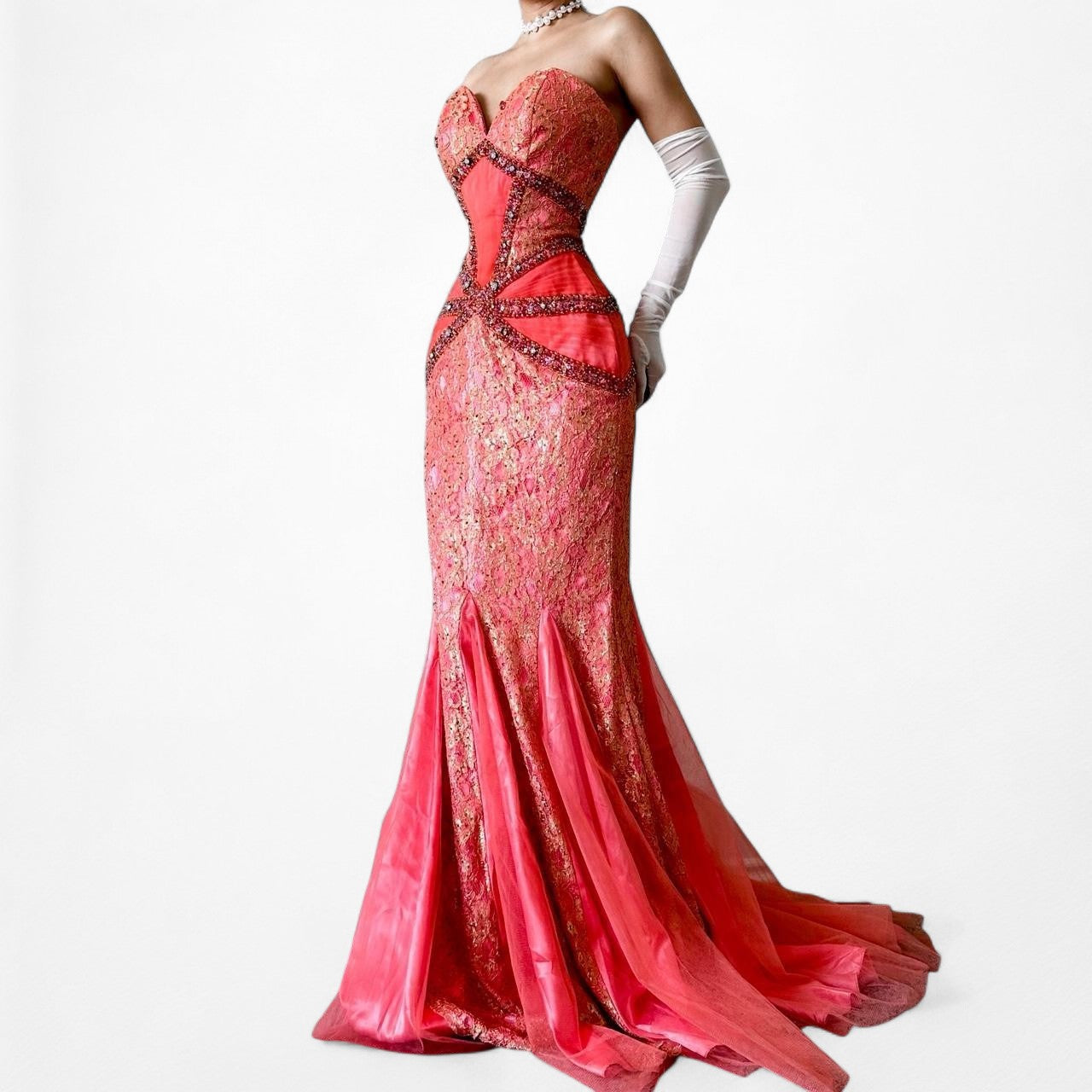 Vintage Pink Strapless Lace Beaded Fishtail Bodycon Prom Dress Size M