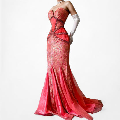 Vintage Pink Strapless Lace Beaded Fishtail Bodycon Prom Dress Size M