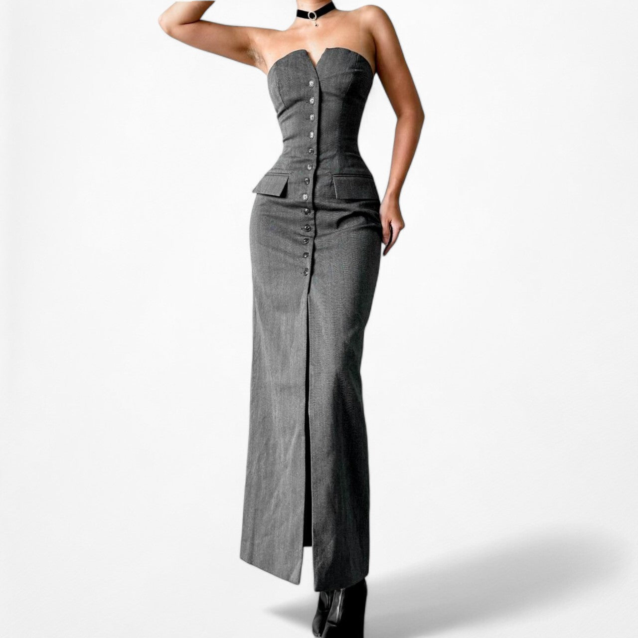 Nakd Fashion Gray Strapless Tailored Button Front Bodycon Maxi Dress Size S/M