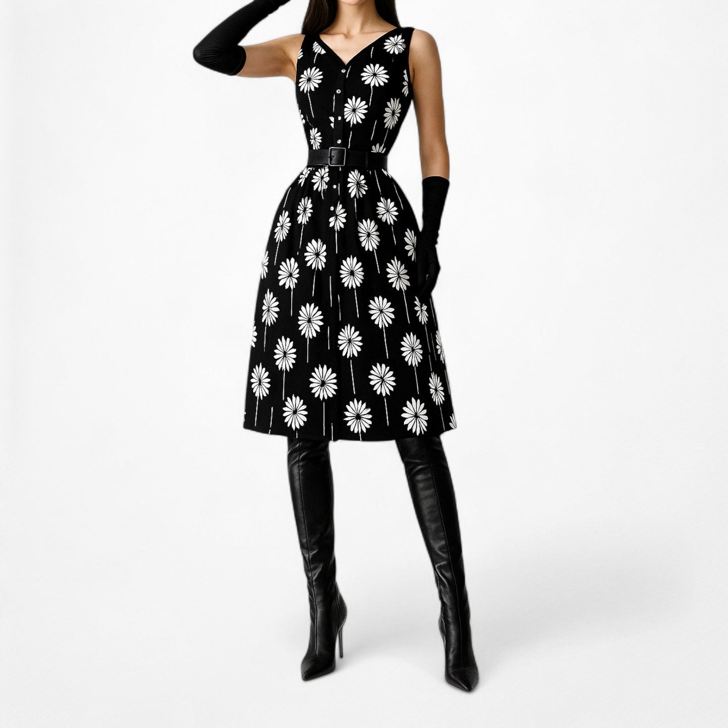 Talbots Black White Floral Knee Length Pleated Skater Cocktail Dress Size 4P/M