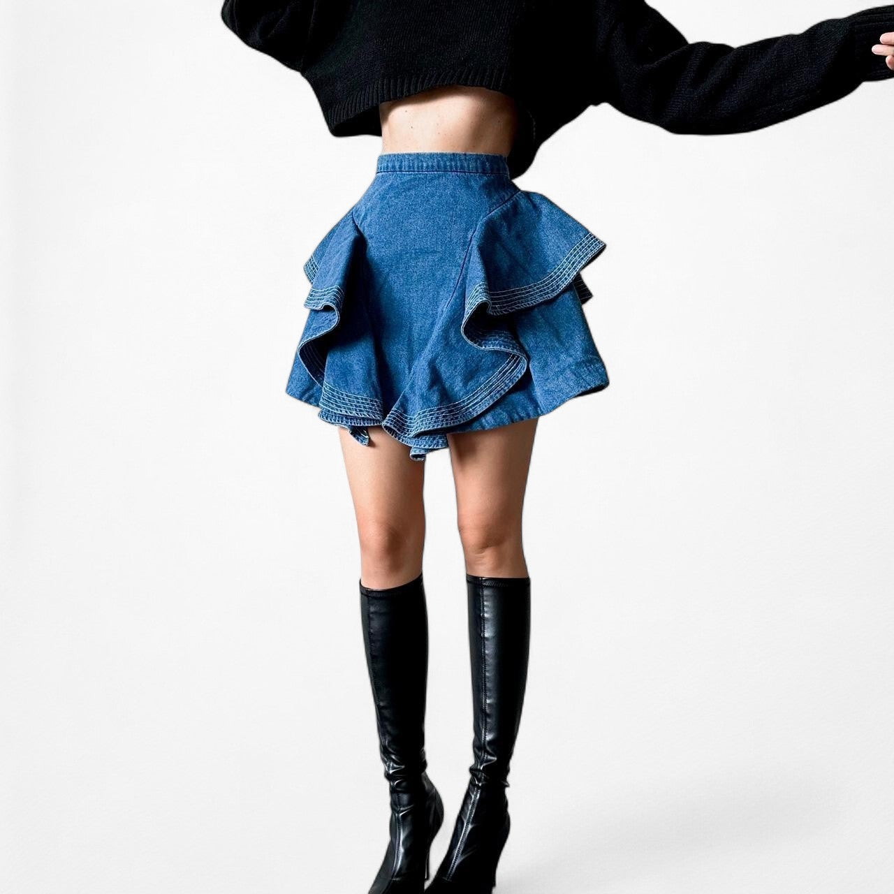 C/Meo Collective High Waisted Ruffle Denim Mini Skirt Size XS/S