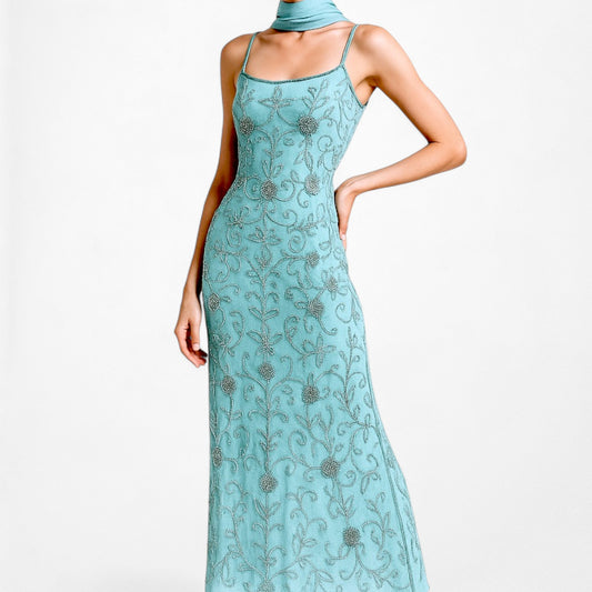 Vintage Pastel Blue Floral Beaded Bodycon Midi Cocktail Prom Dress Size L