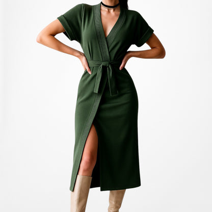 ASOS Green Short Sleeve VNeck Belted Waist Knee Length Side Slit Dress Size 0/XS