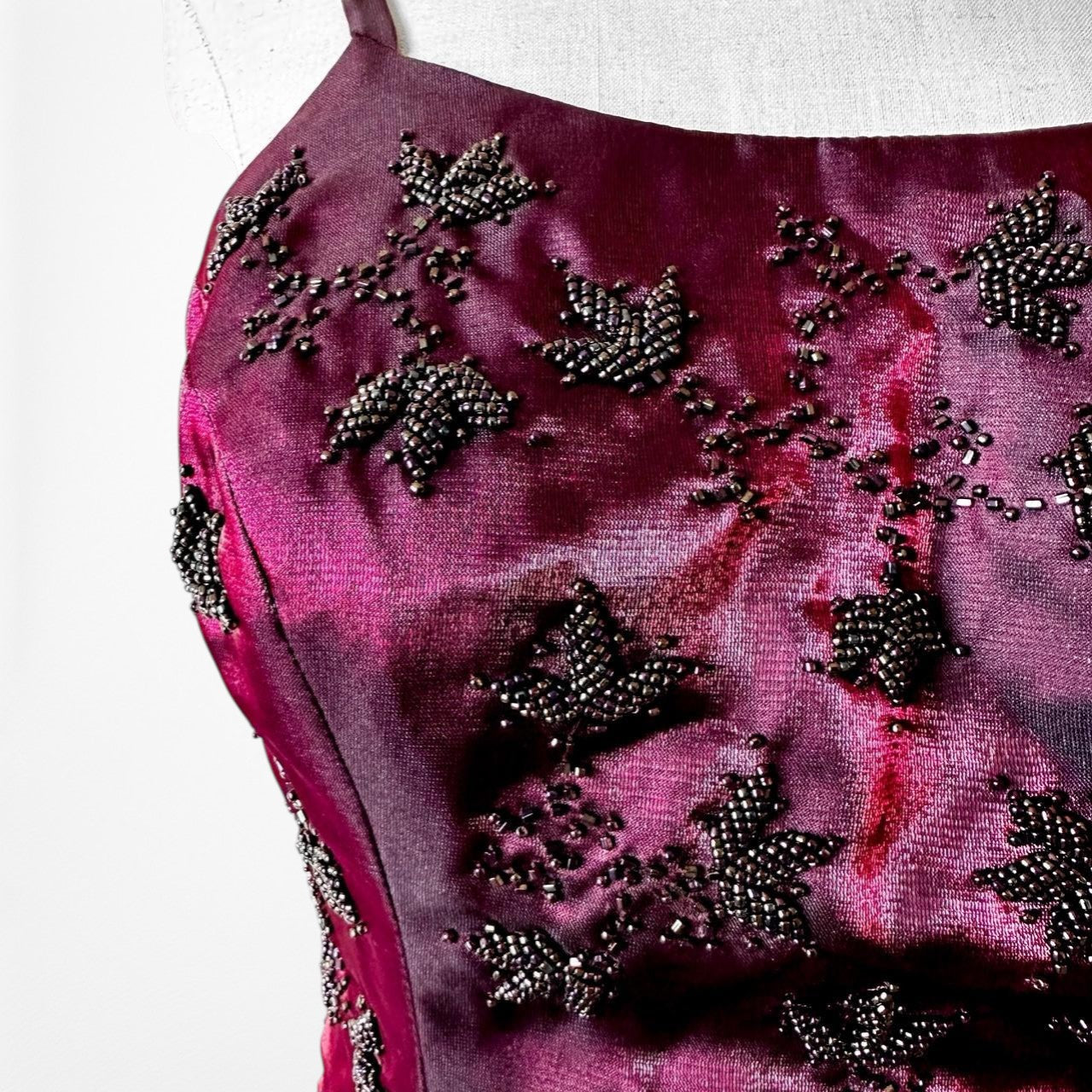 Vintage Burgundy Red Satin Beaded Fit Flared Maxi Prom Dress Size S