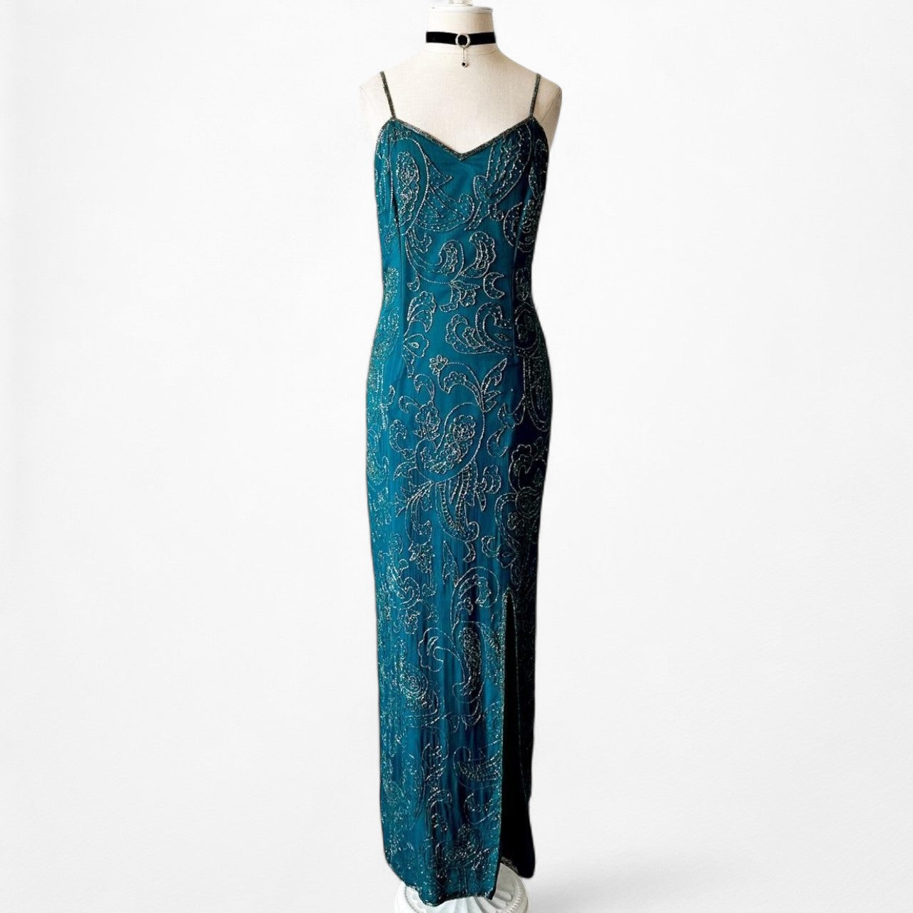 Vintage Teal Blue Silk Beaded Maxi Bodycon Side Slit Prom Dress Size M