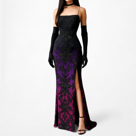 Vintage Black Purple Pink Silk Ombre Maxi Bodycon Beaded Cocktail Formal Prom Dress Size L