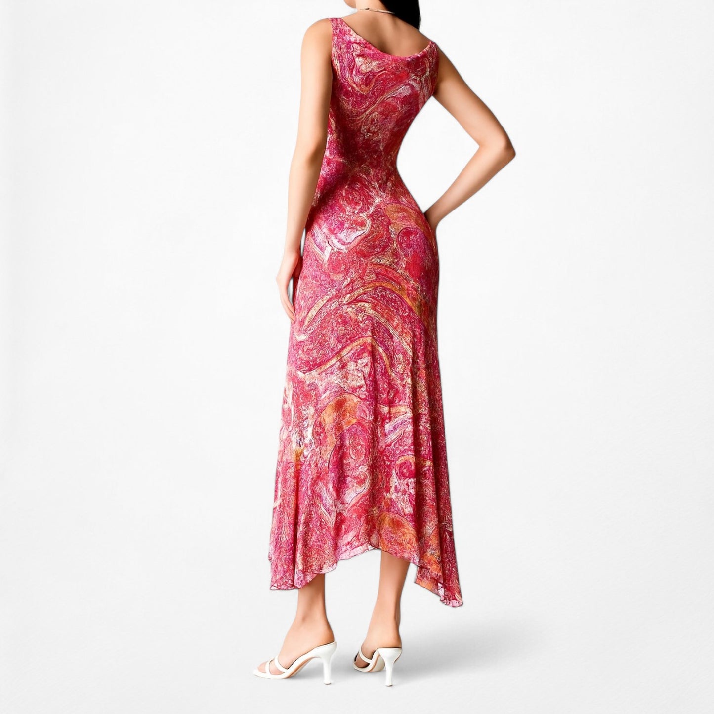 Vintage Pink Paisley Print Silk Sleeveless Beaded Ruffle Midi Cocktail Dress Size S/M