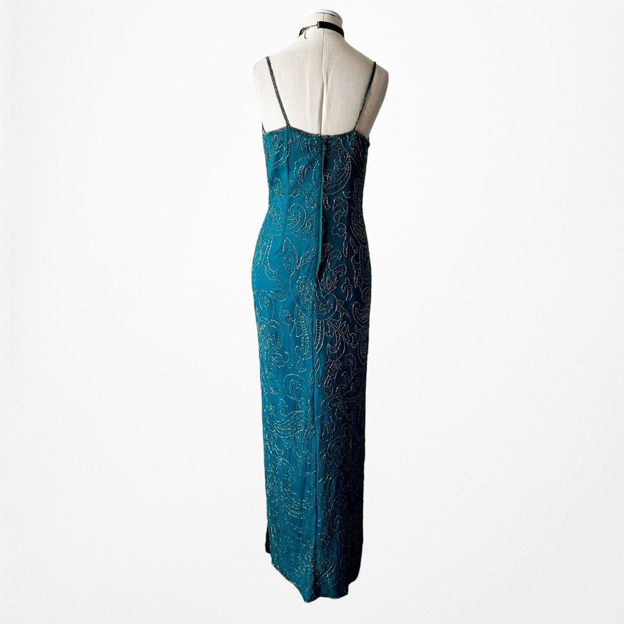 Vintage Teal Blue Silk Beaded Maxi Bodycon Side Slit Prom Dress Size M