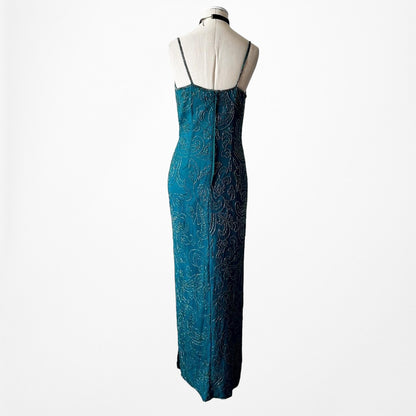 Vintage Teal Blue Silk Beaded Maxi Bodycon Side Slit Prom Dress Size M
