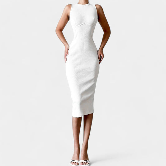 Zara Off White Cream Sleeveless Ribbed Knit Knee Length Bodycon Dress Size S