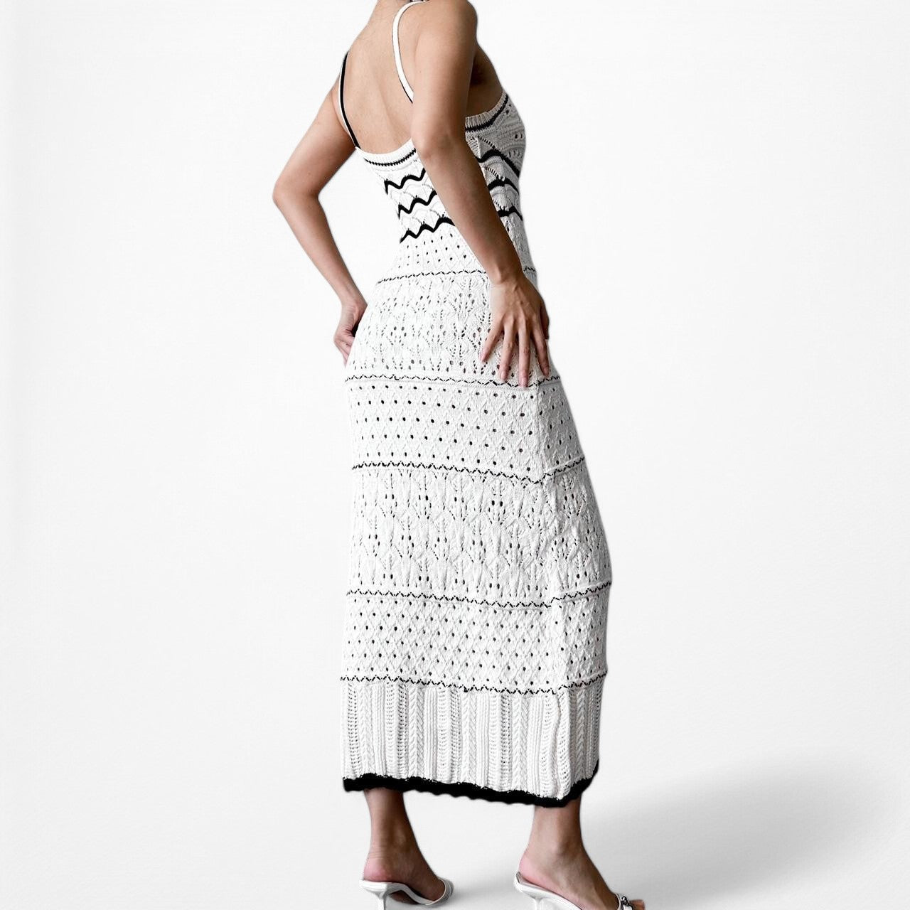 Black White Crochet Knit Bodycon Striped Midi Dress Size S