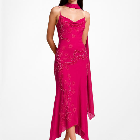 Vintage Pink Silk Slip On Floral Beaded Ruffle Midi Dress Size S/M