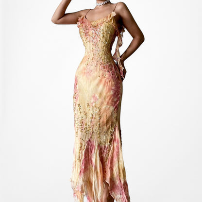 Vintage Pink Yellow Beaded Ruffle Silk Asymmetric Hem Midi Dress Size S