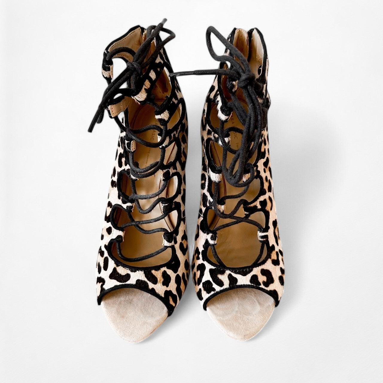 Zara Brown Leopard Print Ankle Lace Up Peep Toe Stiletto Heel Size 5.5/6