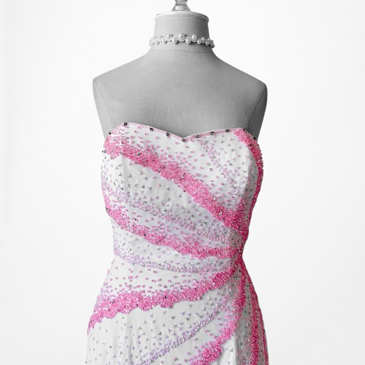 Vintage White Pink Beaded Strapless Bodycon Maxi Prom Dress Size S/M
